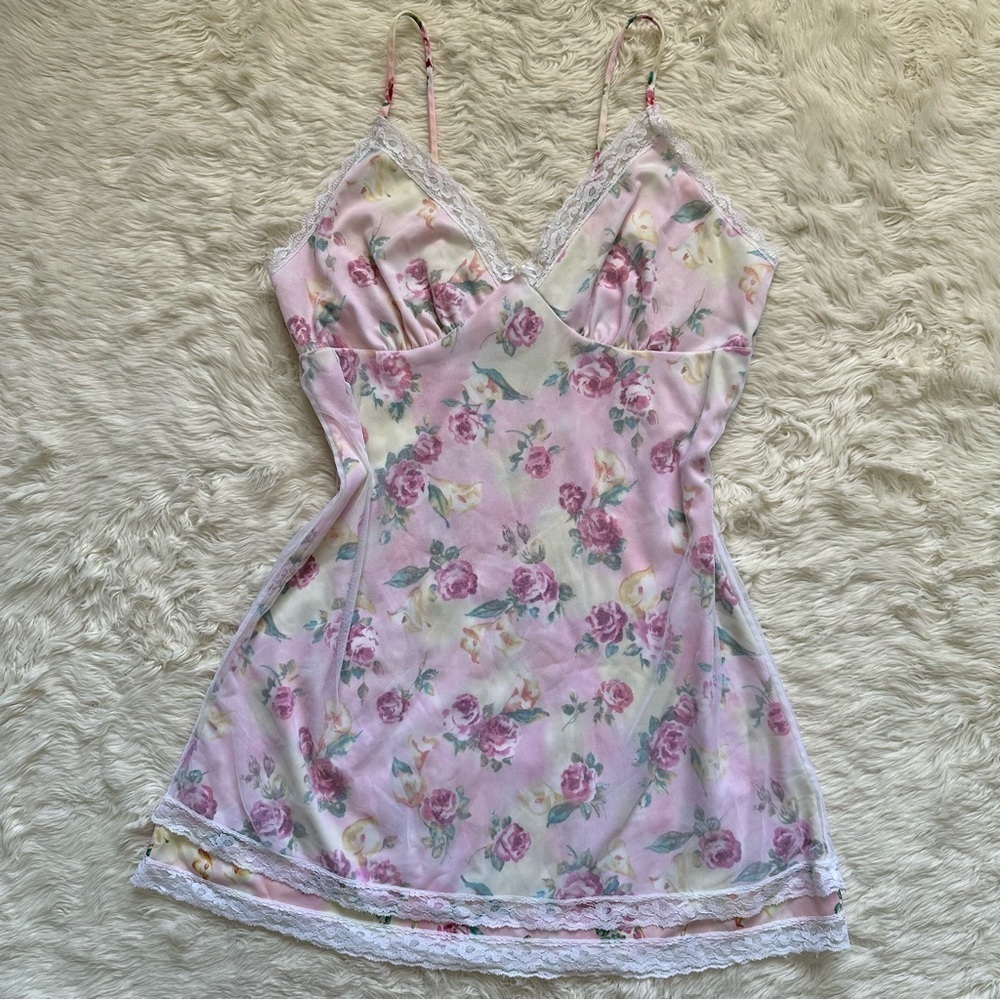 Pucker Up Slip Nightgown Sleepwear Vintage Floral Lace Pink L - Picture 1 of 12